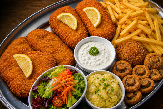 Große Familienplatte mit Schnitzel, Pommes, gebackenen Champignons, Salat und Saucen auf einem Tablett serviert