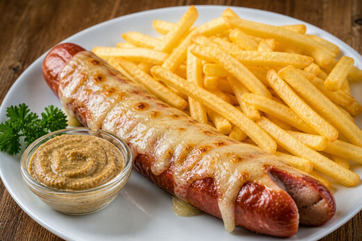 Berner Würstel mit geschmolzenem Käse, Pommes und Zwiebelsenf auf einem Teller serviert