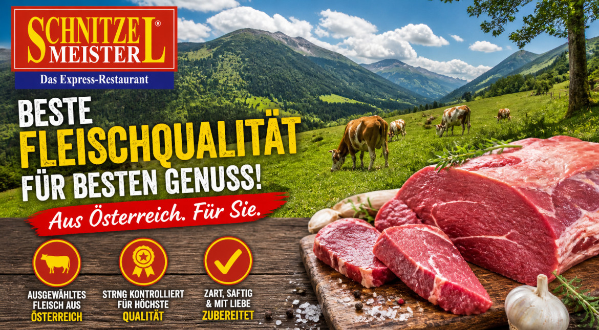 Alpenlandschaft in Österreich mit weidenden Kühen und frischem Rindfleisch, Hinweis auf beste Fleischqualität aus Österreich und sorgfältige Zubereitung für höchsten Genuss