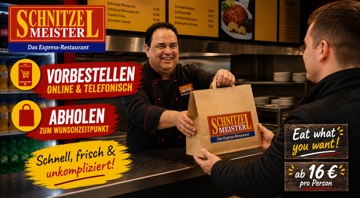 Koch im Schnitzel Meister übergibt frisch verpackte Bestellung an Kunden im Lokal, mit Hinweis auf Vorbestellen online oder telefonisch und schnelle Abholung zum Wunschzeitpunkt