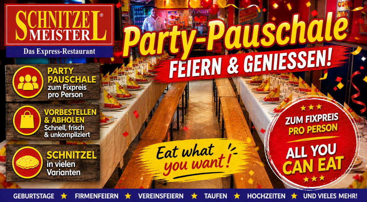 Partyraum im Schnitzel Meister Wien mit festlich gedeckten Tischen, Hinweis auf Party-Pauschale zum Fixpreis pro Person und All-you-can-eat Angebot für Feiern und Veranstaltungen